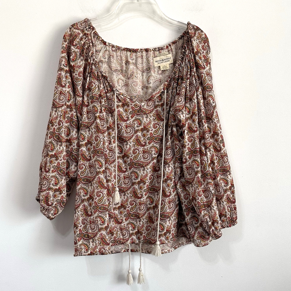 Denim & Supply Ralph Lauren Top L Boho Peasant‎ Tassel Paisley Popover V Neck